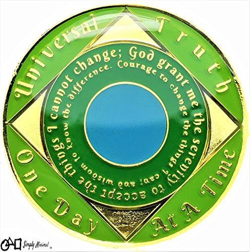 Simply Minimal 5 Year NA Gold Plated Recovery Clean Time Coin, Medallion + Plastic Capsule, Display Case (Green)