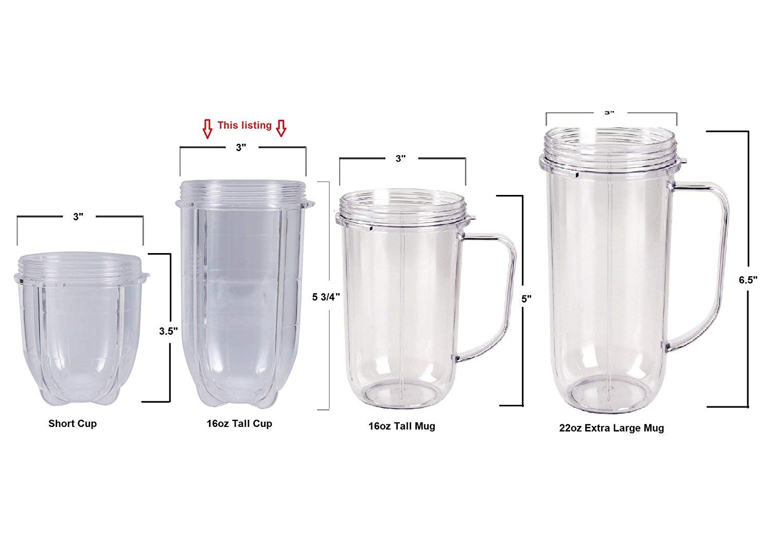 2 Pack Replacement 16 Ounce Tall Jar Cups, Fits Original Magic Bullet