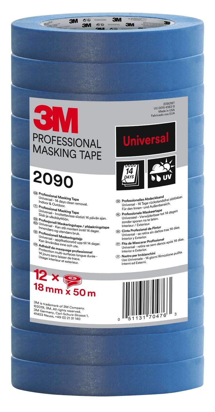 3M Professional Masking Tape 2090, Universal Surfaces, Tower Pack of 12 rolls, 18 mm x 50 m - UV stable, Water Resistant, For Indoor & Outdoor Painting and Decorating