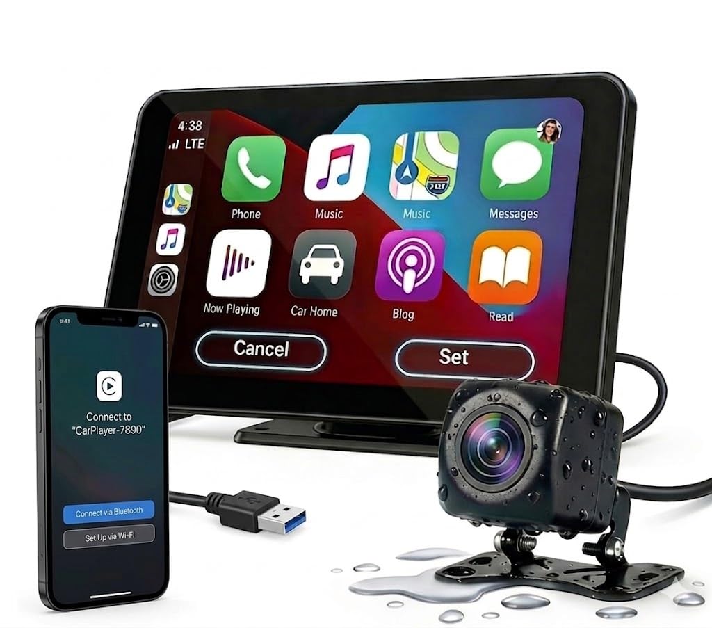 Portable Carplay Screen for Car, 7" HD Touchscreen for Car with Backup Camera/Mirror Link/Bluetooth/Voice Control/GPS/AUX/FM Satellite Radio for All Vehicles.