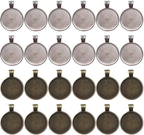 Dcatcher 24 PCS Bezel Pendant Trays Round Cabochon Settings Trays Pendant Blanks, 25mm Diameter, Antique Brass and Silver Colour