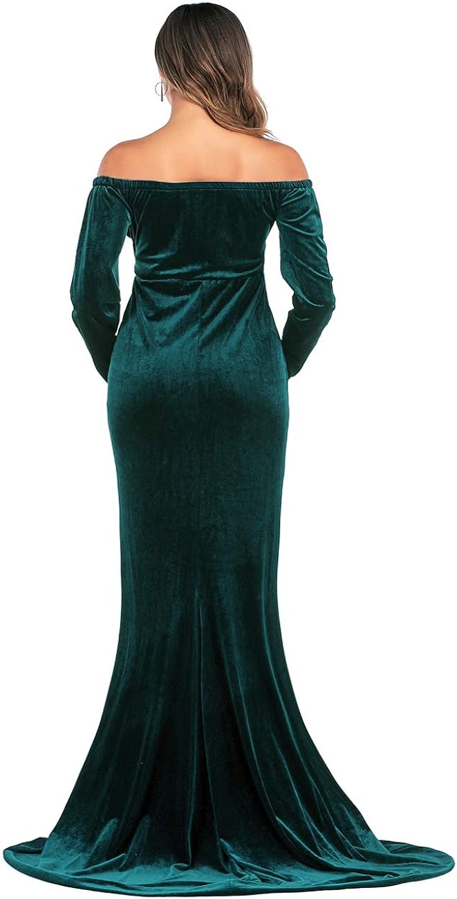 JustVH Velvet Maternity Off Shoulder Half Circle Fitted Gown Maxi Photography Dress for Baby Shower Photo Props Dress at  Women’s Clothing store