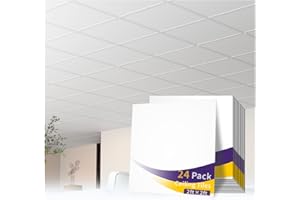 LooYee 24 PCS 24" x 24" Smooth Drop Ceiling Tiles 2ft x 2ft, PVC Ceiling Tile - Waterproof, Fire-Rated to Prevent Breakage - Cover 96 Sq. Ft, White