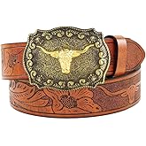 Bemous Western Leather Belts for Women Men Cowgirl Cowboy Belts Brown Bull Buckle Belt