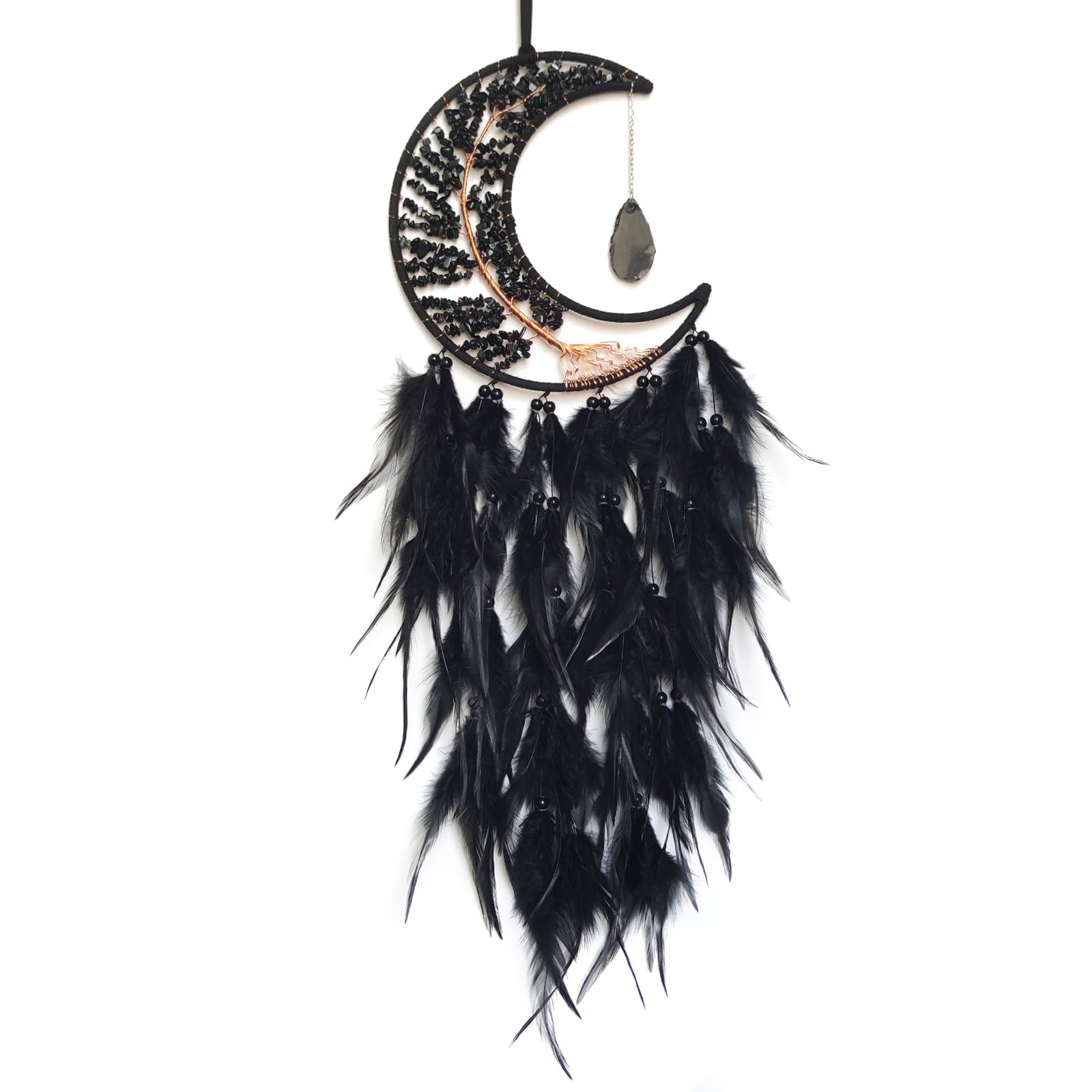 Donko Black Large Moon Dream Catcher Tree of Life Dream Catchers with Agate Pendant Handmade Feather Dreamcatcher Wall Hanging Ornament for Bedroom Living Room Home Decor