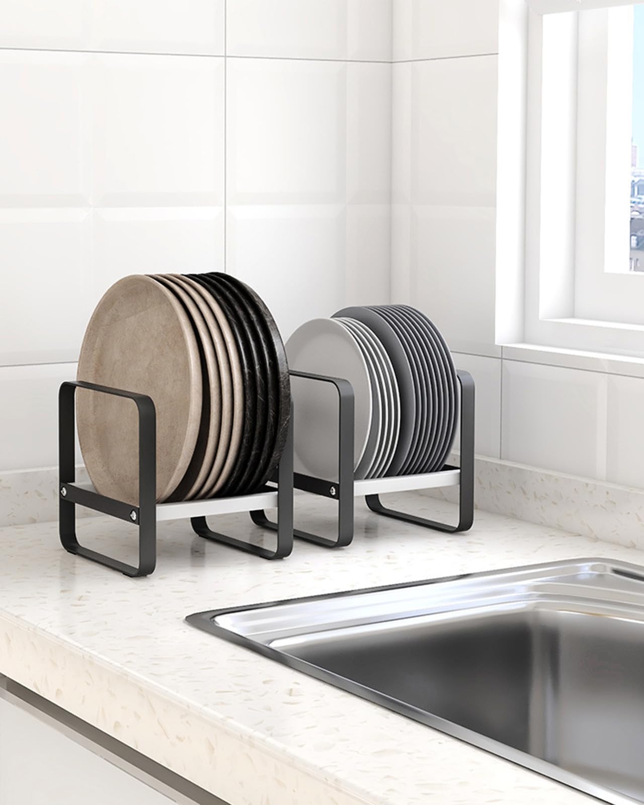 Baffect 2 Pack Metal Plate Rack, Plate Dish Draining Rack, Black Plate Drying Rack, Pan Rack Holder Stand for Kitchen Cupboards Organiser Dish Plate Thin Bakeware Baking Tray Pot lid