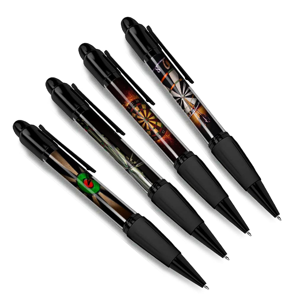 DV DESIGN Set of 4 Dart Board Black Ballpoint Pens - Game Sports Flight Bullseye Friends Boys Girls Men Women Theme Pen #79359