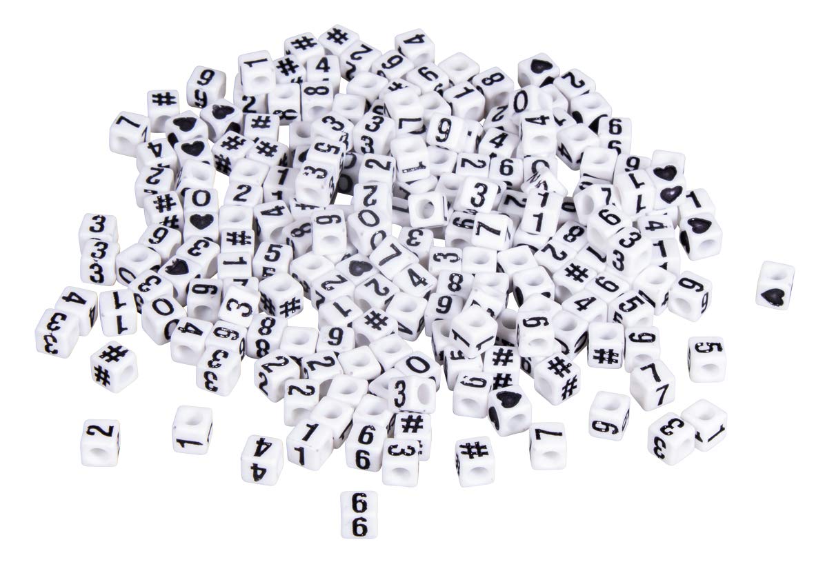 Rayher 16057102 Acrylic Number Beads for Jewellery Making and Crafts, 200 Pieces, Cubes 5 x5 mm, Number, Heart, and Hashtag Designs