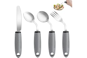 AuntyFey Weighted Adaptive Utensils, 4Pcs Weighted Utensils for Hand Tremors, 45°Angled Parkinsons Utensils for Elderly, 3.5oz Weighted Built Up Utensils for Adults, Disabled, Parkinson, Right-Handed