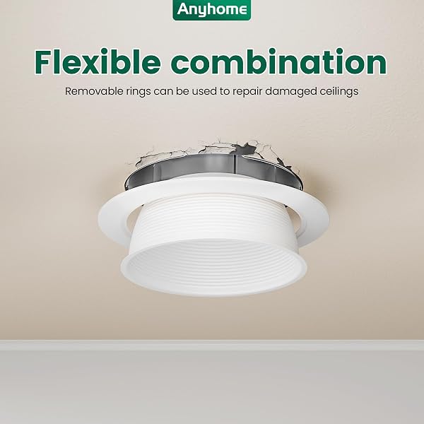 ANYHOME 6 INCH CAN LIGHT COVER,12 PACK WHITE CAN LIGHT TRIM,STEP BAFFLE WITH DETACHABLE RING,ANTI-GLARE,ALL METAL MATERIAL