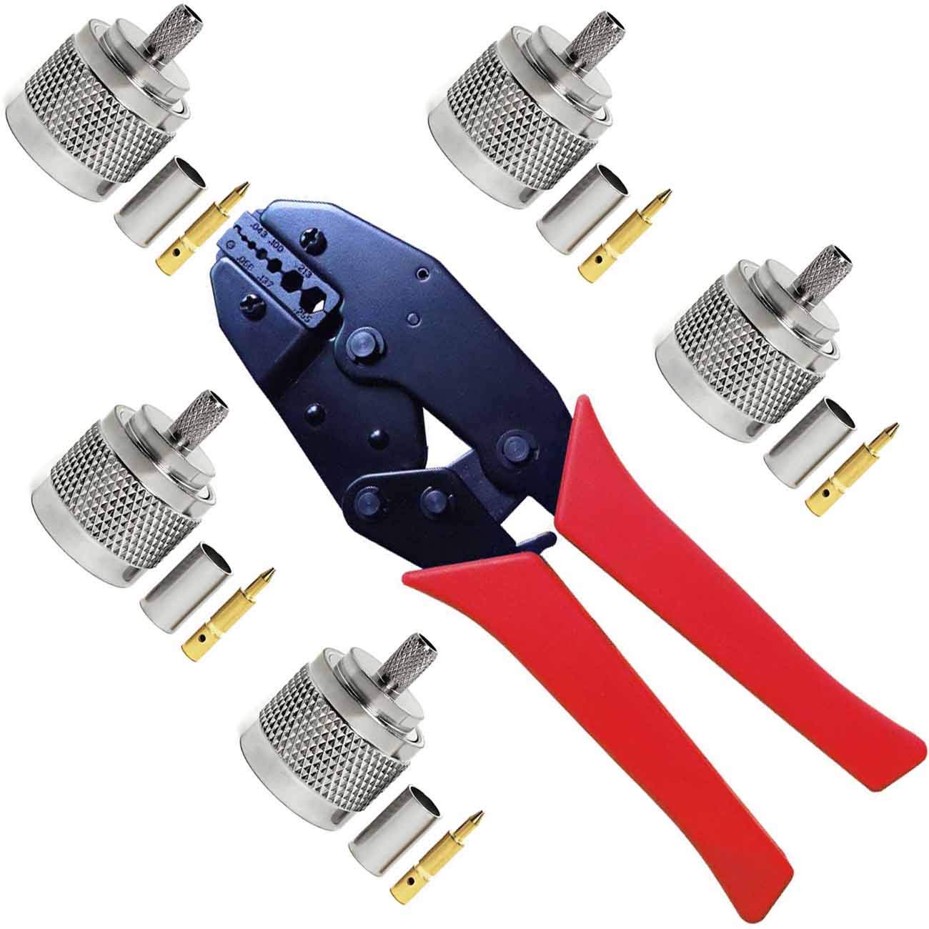 Kagni 5pcs N Type Male Connector and Crimping Tool Set, 5 Pack 50 ohm N Plug RF Connector and Ratchet Crimp Compression Tool Coaxial Crimper Plier Kit for RG58 LMR195 LMR200 RG223 RG142