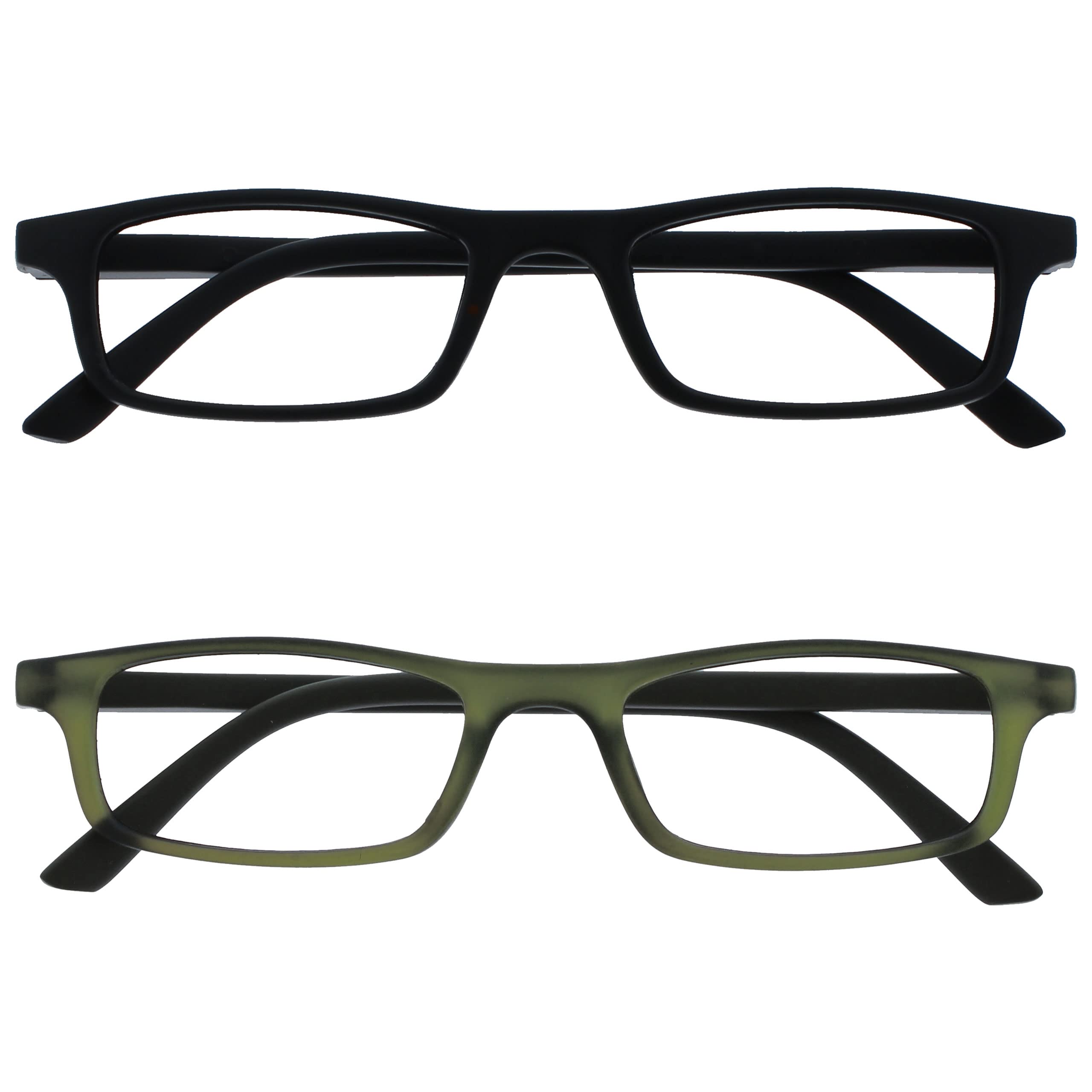 OPULIZE Ted Reading Glasses 2 Pack Narrow Matt Lightweight Frame Black Transparent Khaki Spring Hinges Scratch Resistant Mens Womens RR17-16 +3.50