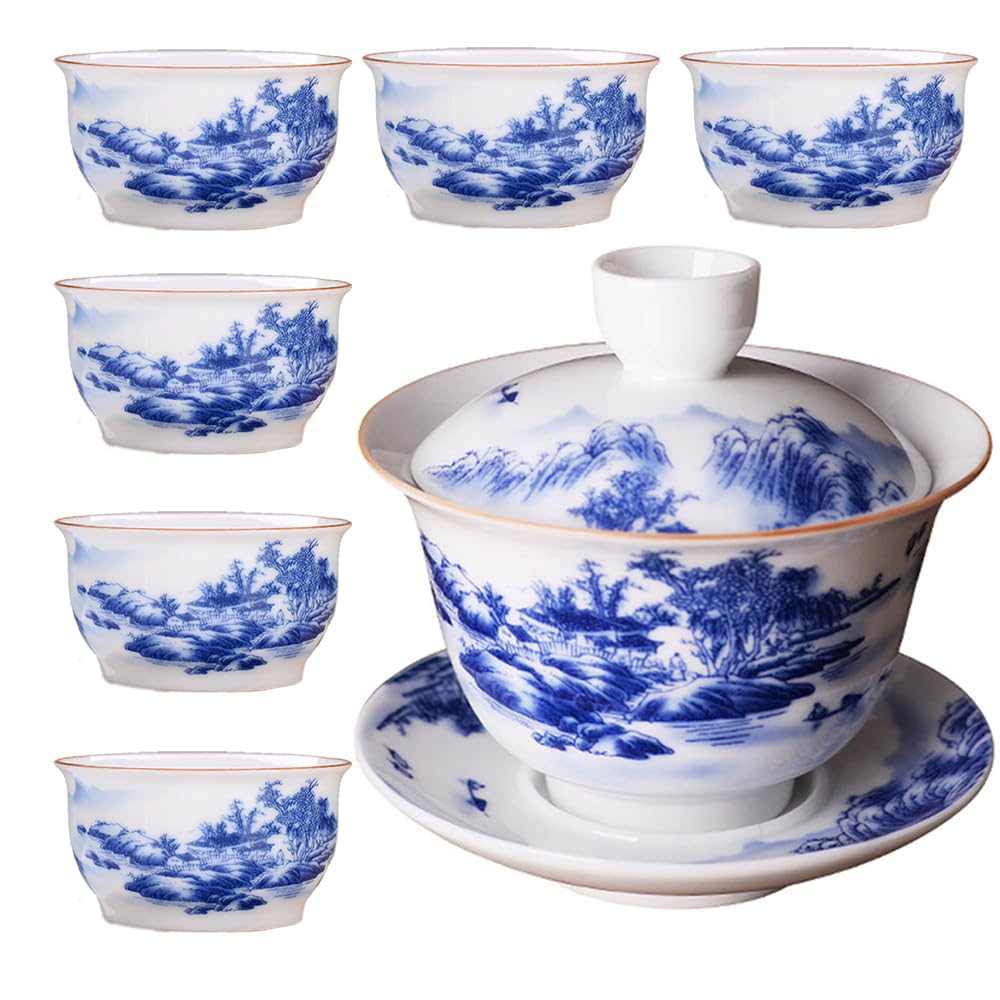 Photo 1 of Woonsoon Jingdezhen Chinese Tea Set Porcelain Service Gaiwan Tea Cups Mug of Tea Ceremony Teapot,One Teapot and Six Cups Bone Kung Fu Tea Ceremony Party Home Office Décor?Landscapes?