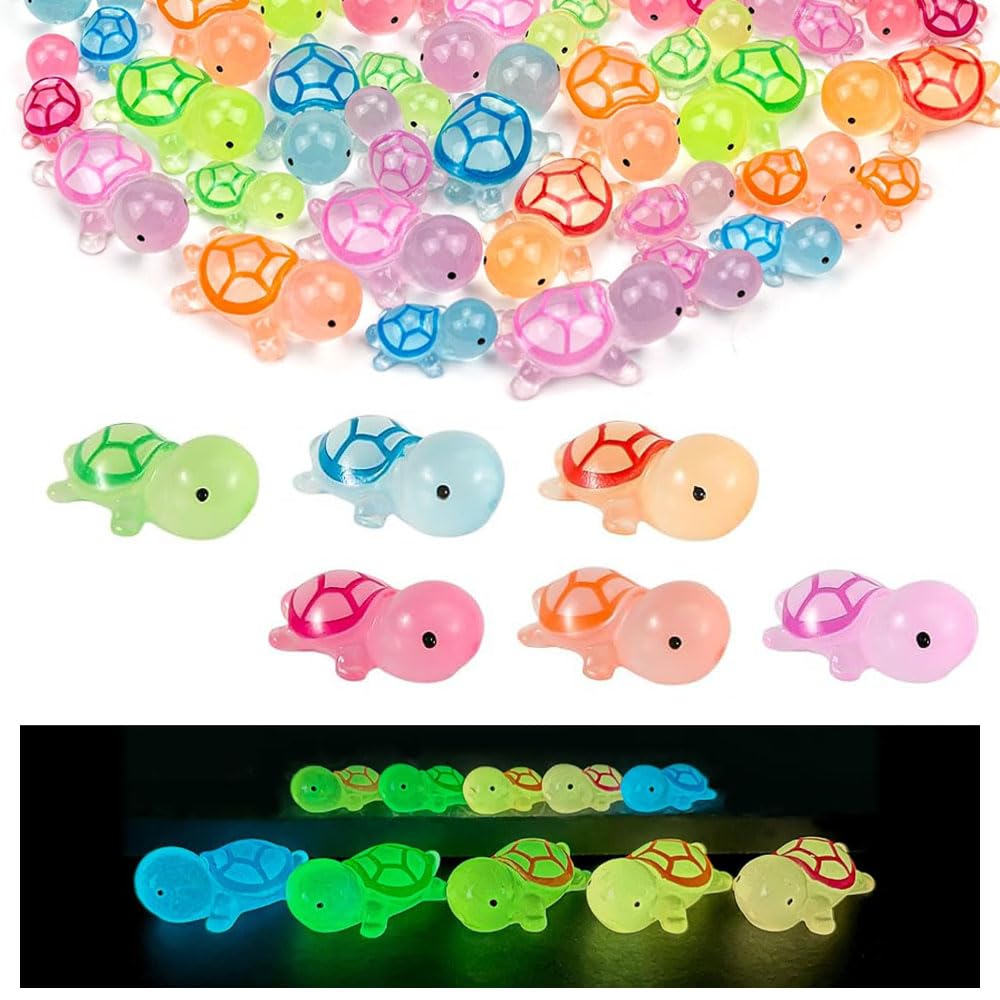 Ygapuzi 50 PCS Mini Turtles Glow in The Dark Tiny Resin Turtle Figurines Luminous Miniature Sea Turtle for Garden Moss Landscape Decor Party Home Decorations DIY Hidden Game (6 Colors) (Large)