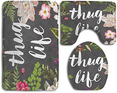 3 Piece Bath Non-Slip Thug Life Set Flannel Lid Bath Mat, Contour & Seat Cover Absorbent Bathroom Mat Set With Lantax Backing