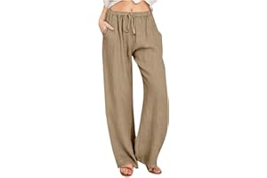 LEHOZIHEQ Women's Cotton Linen Palazzo Pants Summer Solid Trousers Elastic High Waist Wide Leg Pants with Pockets