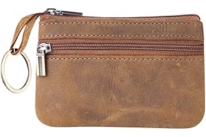 Genuine Leather Coin Purse, Small Coin Pouch for Men Women, Cash Change Wallet Key Holder Money Pouch with Key Ring, Zipper S