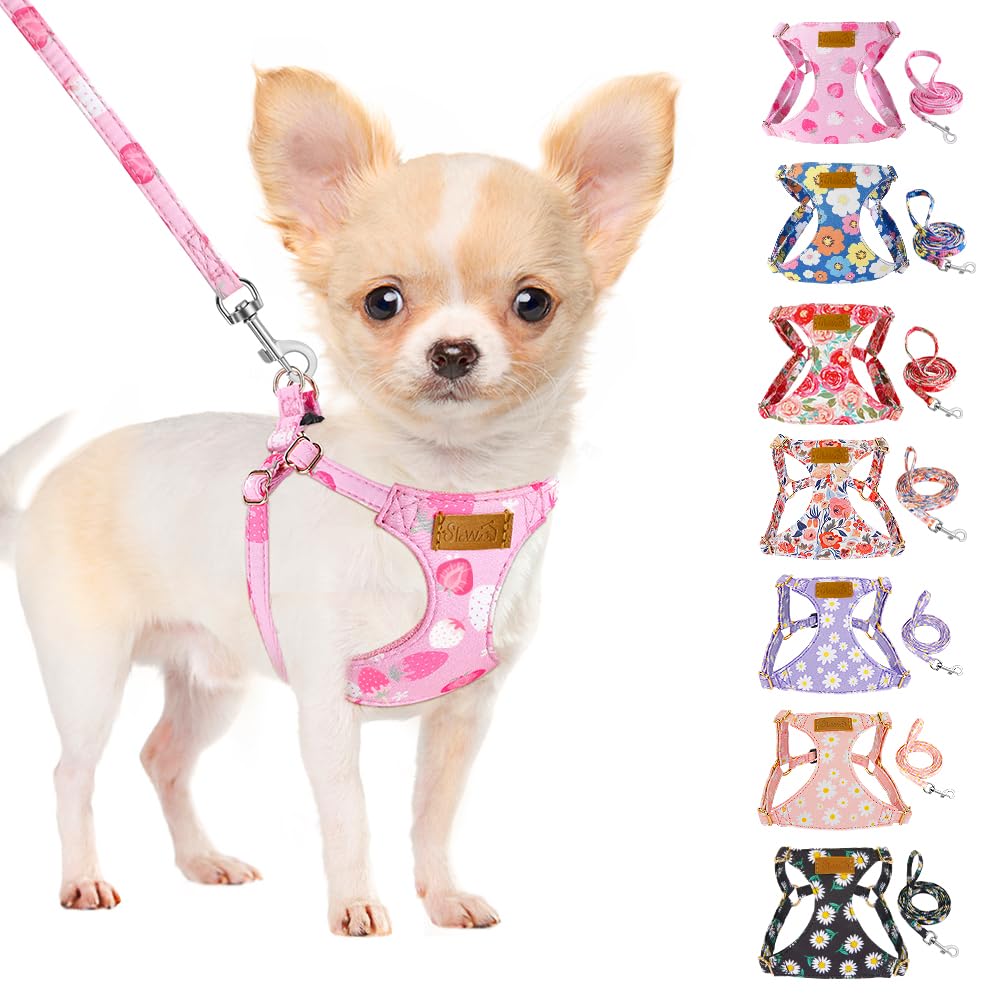 Photo 1 of SlowTon No Pull Dog Harness with Leash - Soft Lightweight Floral Pattern Puppy Harness, Adjustable Pet Harness for Small Medium Dogs (Pink Strawberry, XXS)