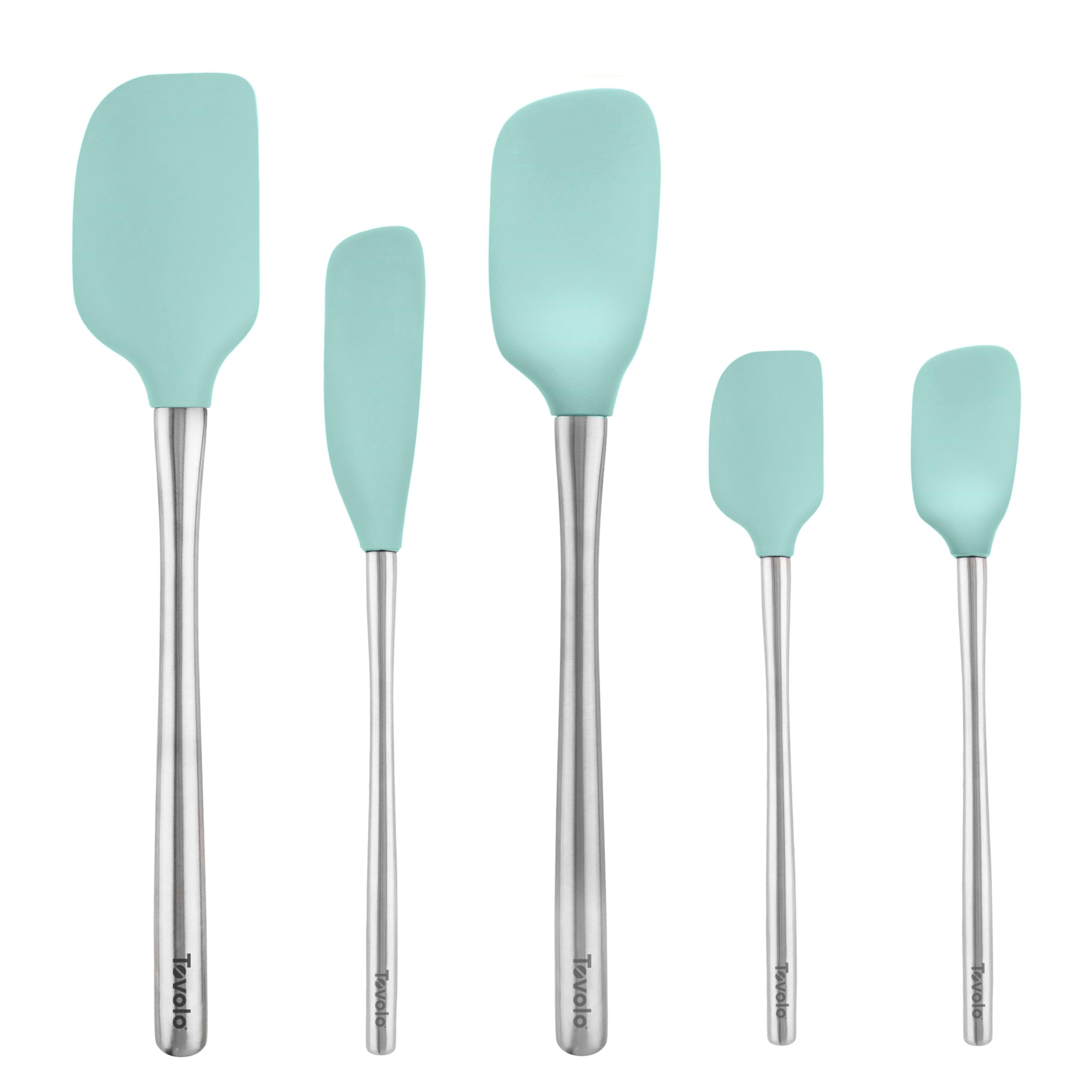 Tovolo Stainless Steel Handled Silicone Spatula Set of 5, Dishwasher Safe Kitchen Spatula Set for Cooking Baking, BPA Free Silicone Spatula set with Metal Steel Handle, Aqua Seafoam Green Image