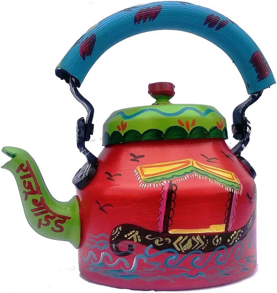 iHandikart Hand Painted Designer Aluminium Kettle for Tea/Coffee, Home Décor& Gift Purpose. Capacity 1 L, Size 8.5"x5.5"x8.5"(IHK5022)