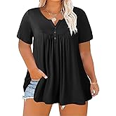 ForHailey Women's Plus Size Shirt Short Sleeve Button Round Neck Top Basic Ladies Loose Fit T Shirt