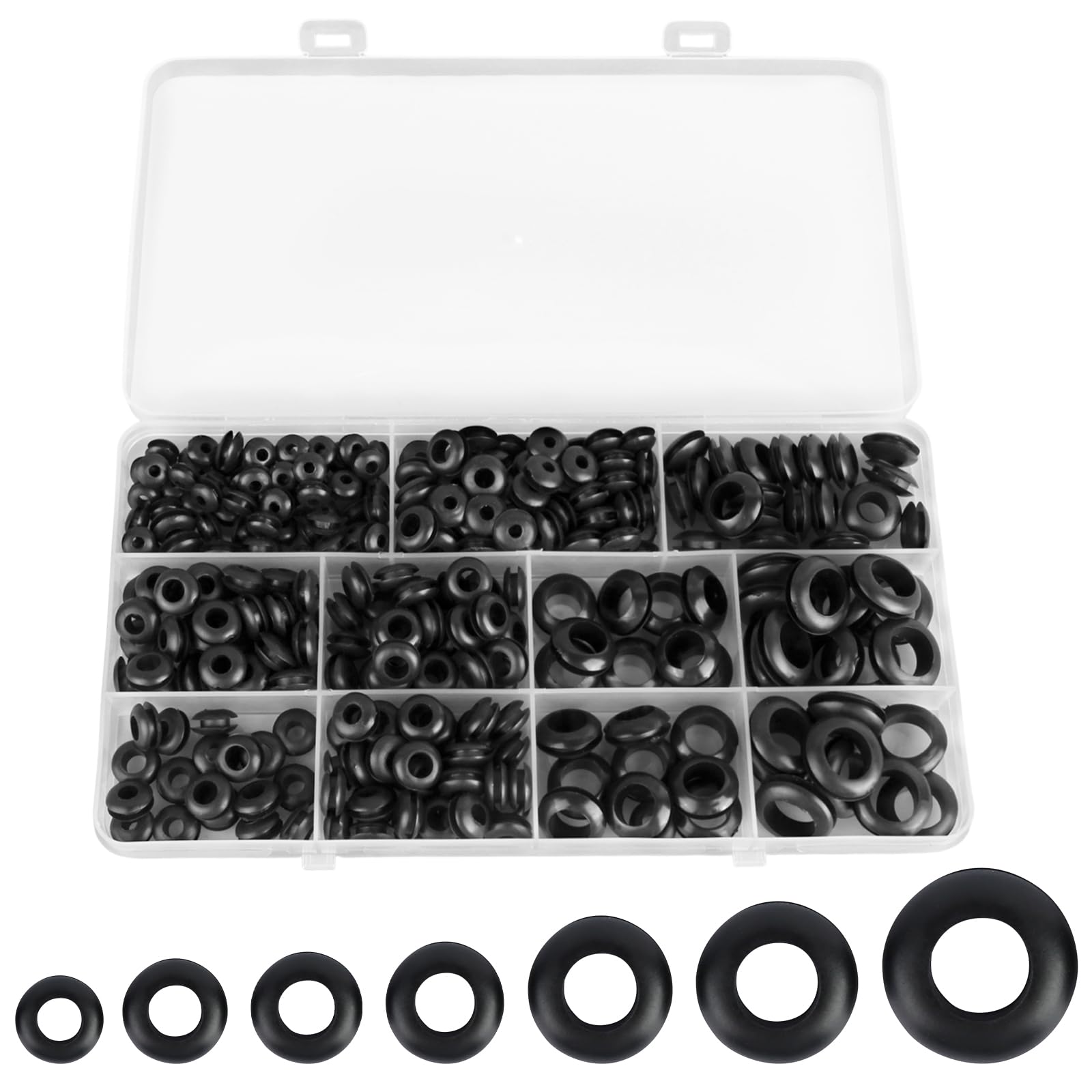 300 Pcs Rubber Grommets Kit, 7 Sizes Rubber Grommets for Holes, Rubber Grommets Assortment Kit, Hole Grommet for Protecting Wires, Cables and Plugs, Black