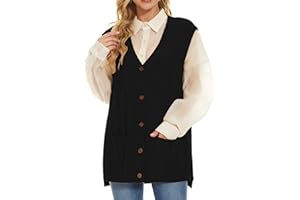 Hyipels Women's Sweater Vest,Sleevelsee Cardigan Button Cable Loose Long V Neck Pockets Knit Outwear Top S~XL