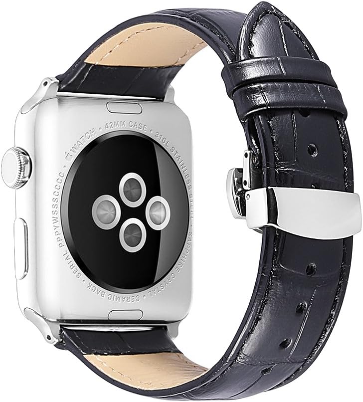 iStrapAlligator Grain Calf Leather Band for Apple Watch 44mm, 40mm, 38mm & 42mm Series 6, SE, 5, 4 & 3 Sport Edition - Black & Brown Replacement Strap with Steel Buckle