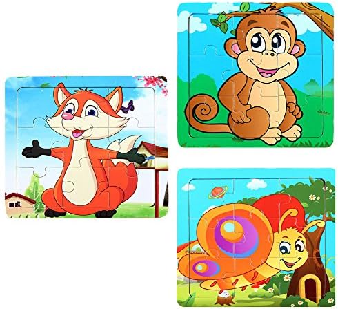 WELLSKEY Wooden Peg Puzzles Set of 3 (Monkey, Butterfly, Fox)