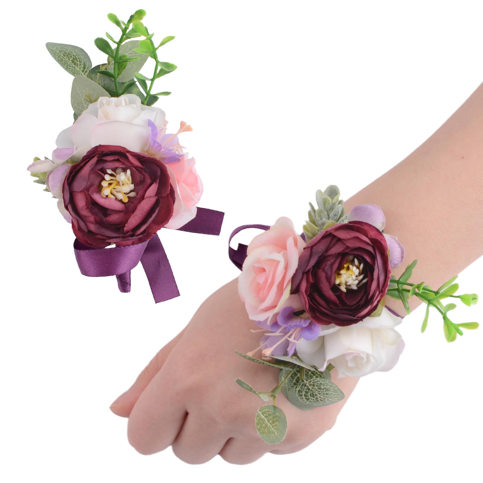 URROMA Wrist Corsage and Boutonniere Set, Purple and White Rose Hand Flower for Prom Artificial Wedding Wrist Corsage for Wedding Party Prom