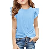 Haloumoning Girls T Shirts Ruffle Sleeve Twist Front Tshirts Summer Casual Crewneck Tees Tops 5-14 Years