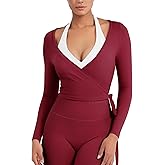 YEOREO Women Pilates Wrap Top Long Sleeve Tie Ballet Workout Yoga Shirt Michelie Y2K V Neck Cropped Tops