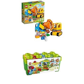 Lego Duplo 10812 - Bagger und Lastwagen, Ideales Geschenk für 2 Jährige + Große Steinebox, Kreatives Lernspielzeug