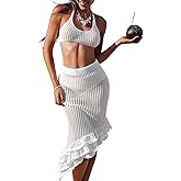 EHSUYAB Women Sexy 2 Piece Crochet Bathing Suit Cover Up, Bikini Top High Waisted Fishtail Wrap Swimsuit Skirt Coverup Beach