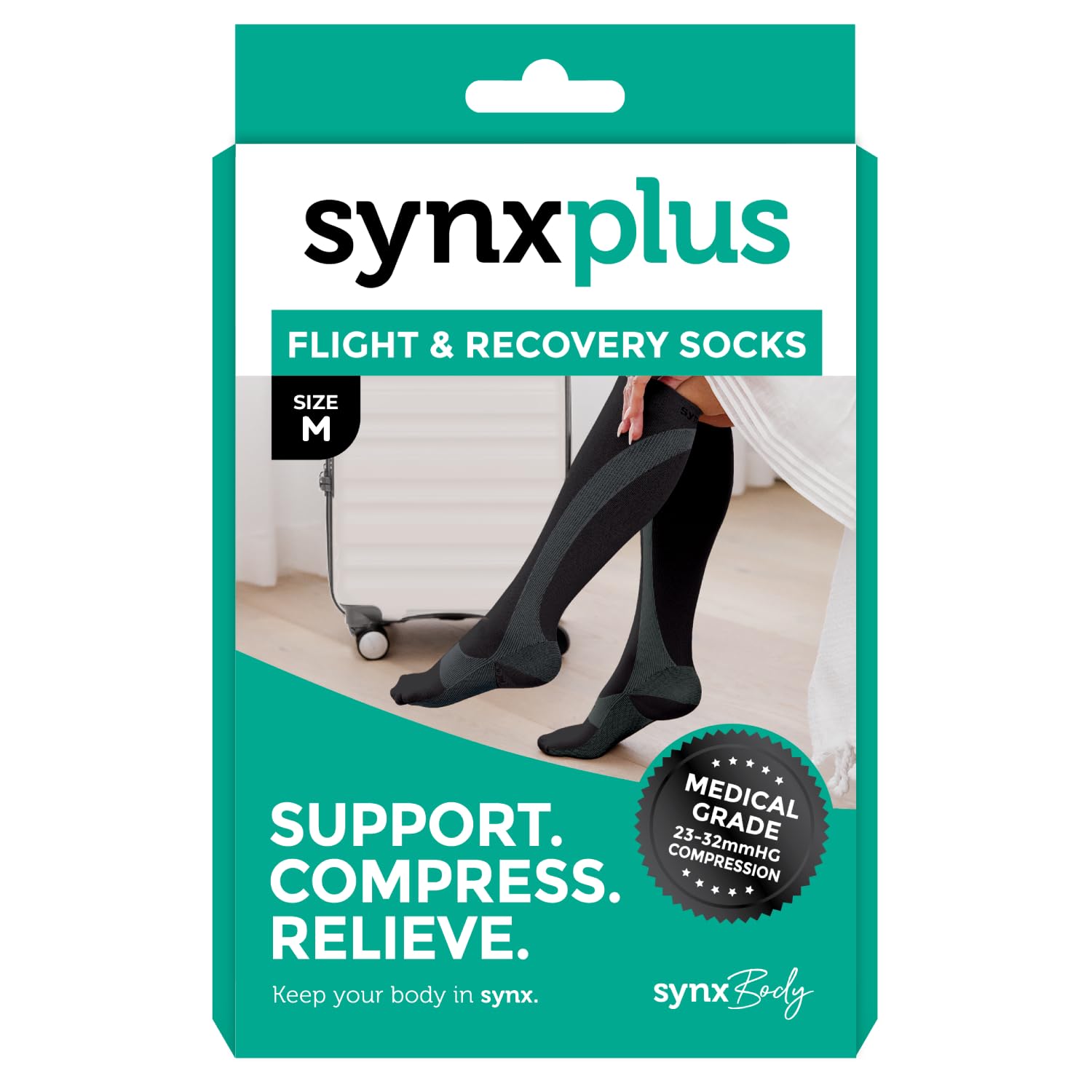 SynxBody Flight Compression Socks for Women & Men (Class 2) - These Flight Socks Help Prevent Deep Vein Thrombosis (DVT) During and After Flight (Black, Medium)