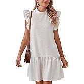 AIWUFLY Women’s Ruffle Sleeve Mini Dress Summer Casual Crewneck Flowy A Line Short Babydoll Dress with Tiered