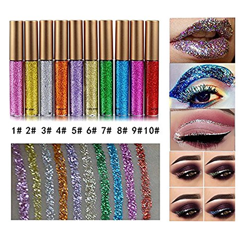 10 Colors Liquid Glitter Eyeliner Metallic Shimmer Glitter Eyeshadow Pigment Eyebrown Shimmer Waterproof Face Lips Art for Party Festival Makeup