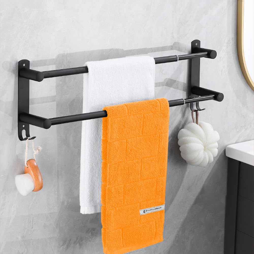 HONPHIER Adjustable Towel Rails 43-78CM Bath Towel Racks Stainless Steel Towel Shelves with Hooks Wall Mounted Towel Holders Towel Bar for Kitchen Bathroom, Black (Black 2-Tier)