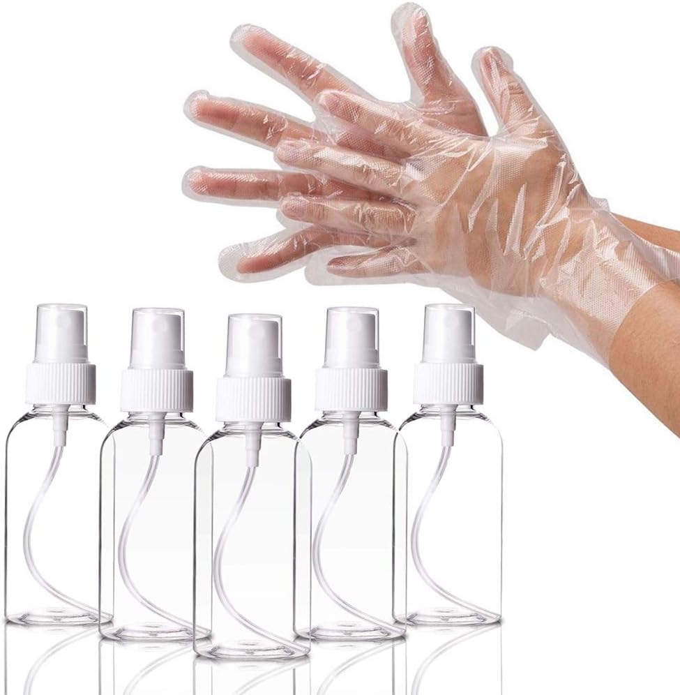 Spray Bottle,Disposable Gloves,100 Pcs Plastic Clear Gloves,5 Pcs 80ml/2.7oz Fine Mist Spray Bottles,Refillable Container for Cleaning Products, Travel