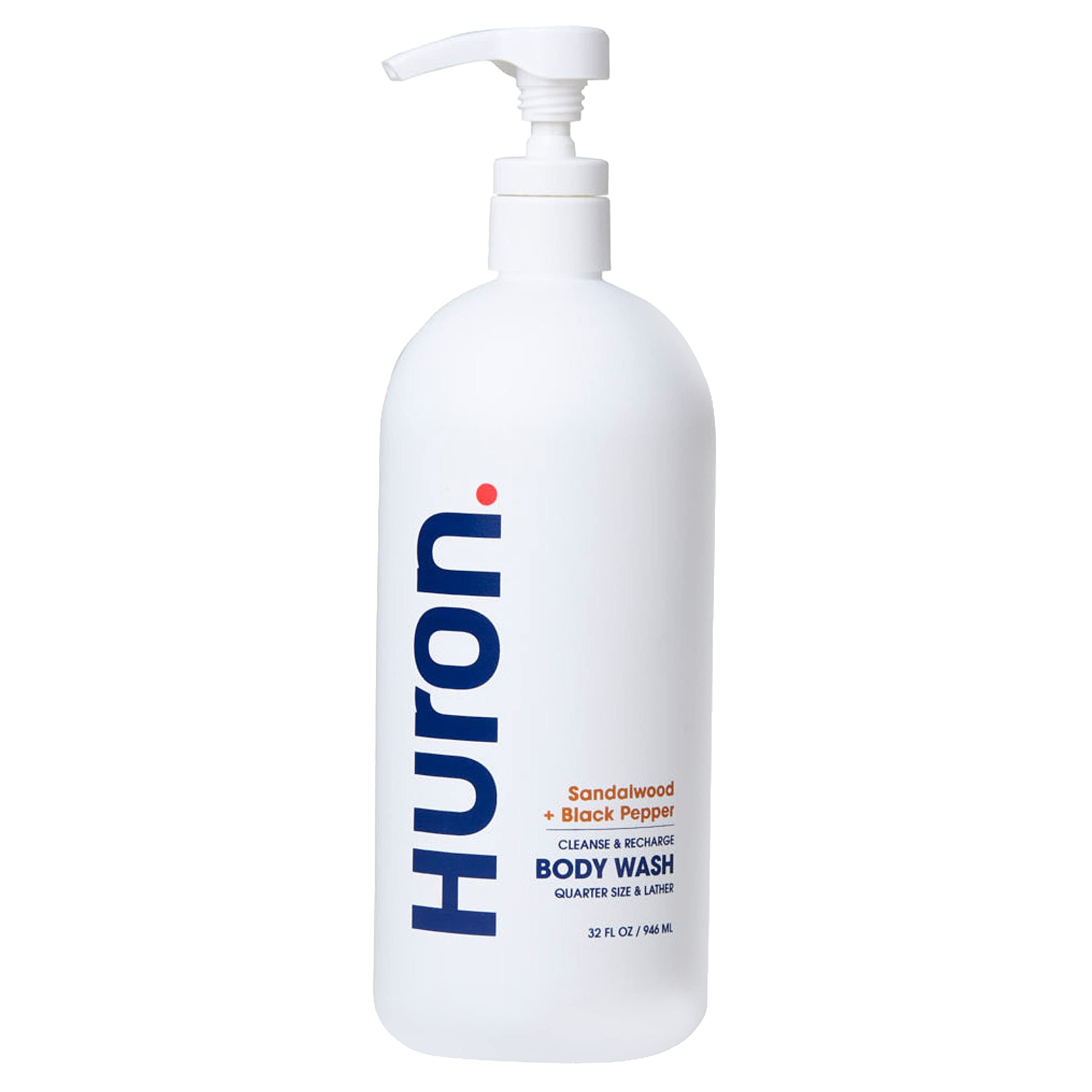 Huron Men’s Moisturizing Body Wash - Clean & Woody Scent of Sandalwood, Black Pepper, Cedarwood, & Amber - Made With Coconut Oil, Vitamin E & Witch Hazel - Vegan, Cruelty-Free - 30.3 fl oz