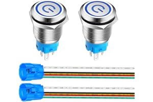 Gebildet 2 Pieces 0.63''/16mm Stainless Steel Latching Push Button Switch 12V-24V/5A Power Symbol LED 1NO1NC SPDT ON Off Waterproof Toggle Switch with Wire Socket Plug (Blue LED)