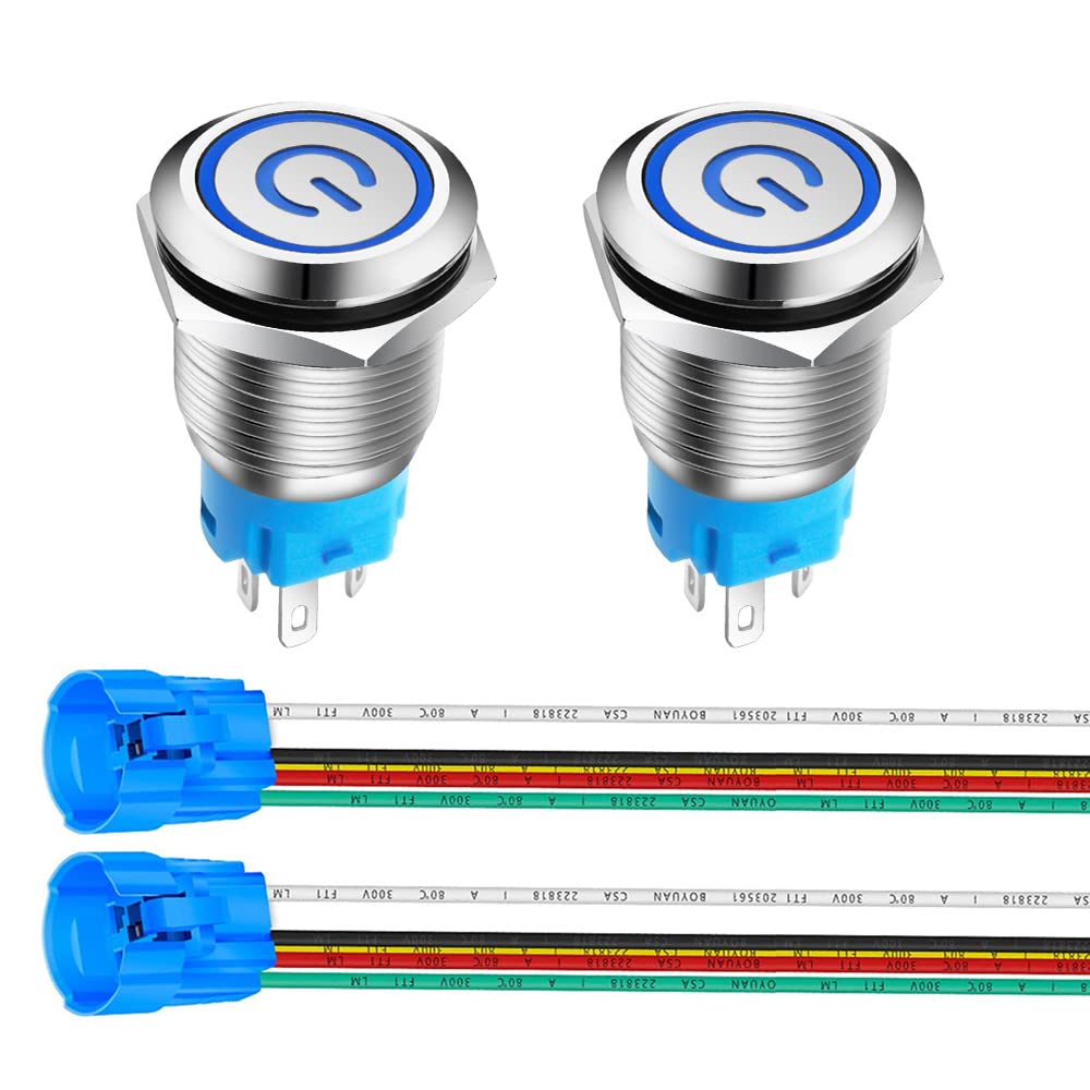 Gebildet 2 Pieces 0.63''/16mm Stainless Steel Latching Push Button Switch 12V-24V 5A Power Symbol LED 1NO1NC SPDT ON Off Waterproof Toggle Switch with Wire Socket Plug (Blue LED)