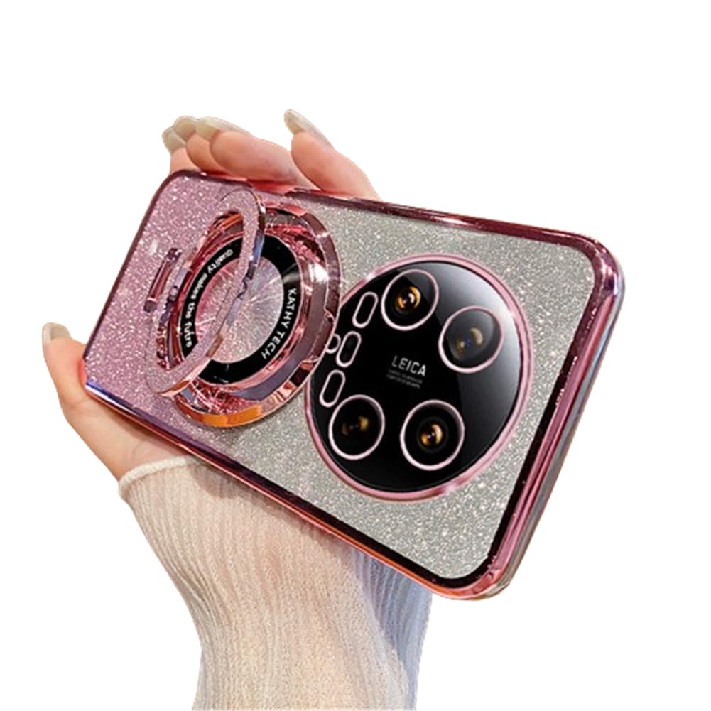 IMEIKONST Case Compatible with Xiaomi Mi 14 Ultra, Gradient Glitter Ring Kickstand Case for Girls Women Lens Protection Shockproof TPU Rubber Bumper Cover for Xiaomi Mi 14 Ultra. Rose Gold DS1