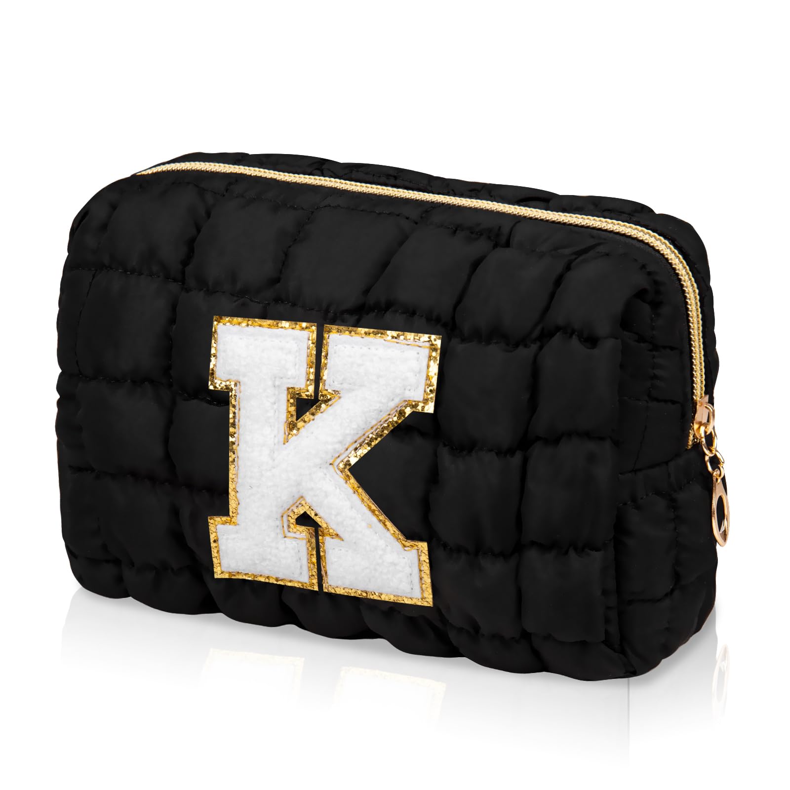 Photo 1 of Initial Checkered Makeup Bag, Large Quilted Cosmetic Bag, Cute Make up Pouch for Purse, Travel Toiletry Storage Bag for Women Preppy Teen Girls Gift Trendy Stuff Gift (Black K)