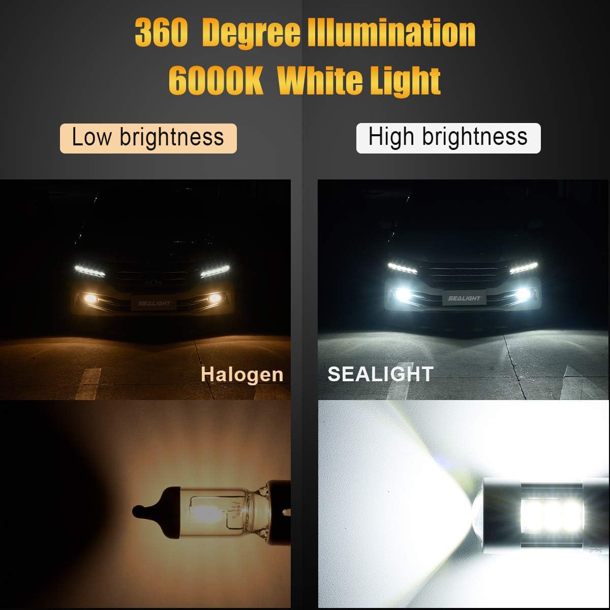 Pack of 2 Cool Xenon White 6000K SEALIGHT H11/H8/H16 LED Fog Lights