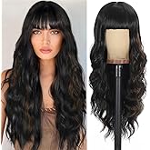 UNNYMGER Black Mixed Brown Wigs with Bangs Long Curly Wig for Women Long Wavy Wig Synthetic Hair for festival holiday Use 26IN