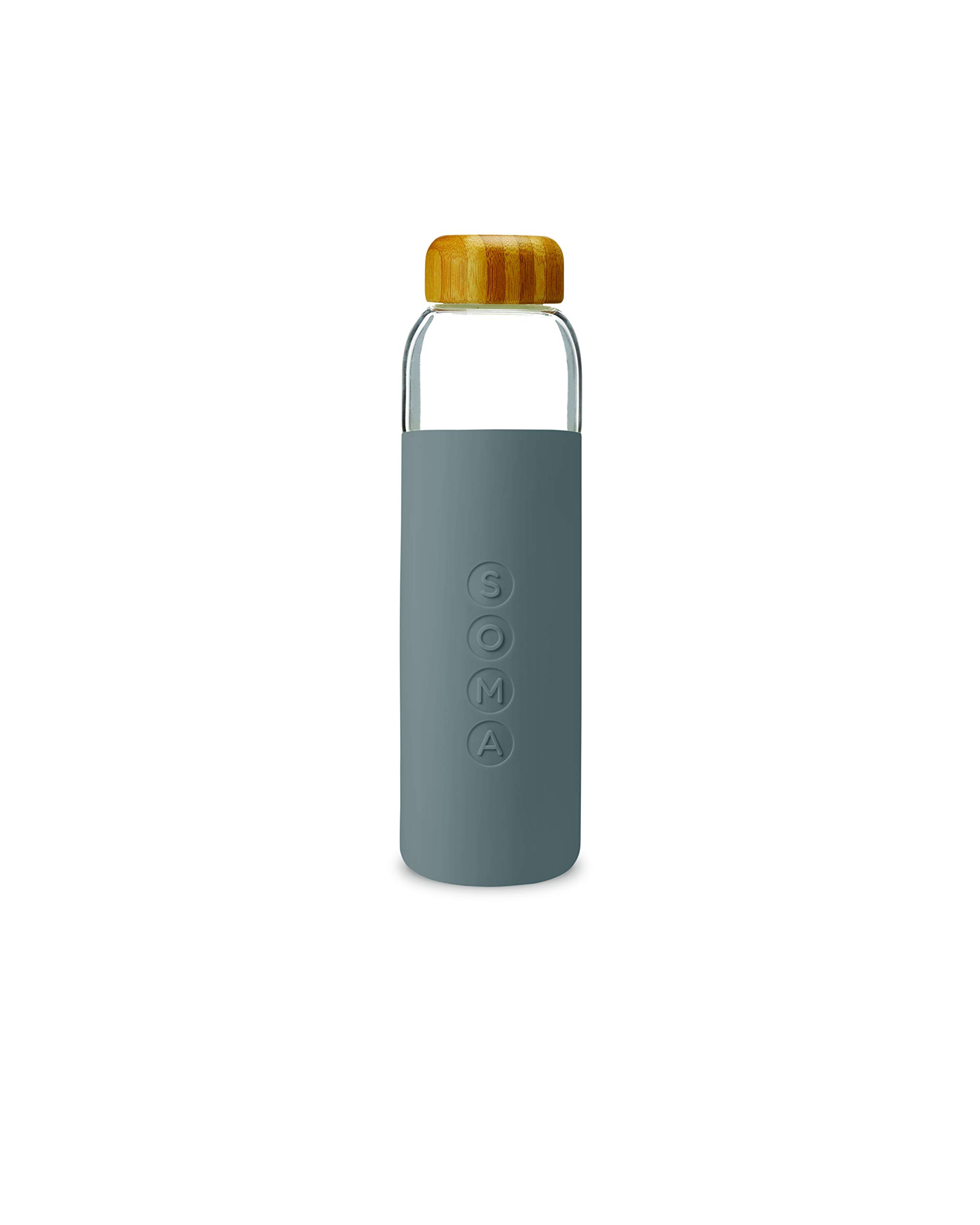 Soma Glass Water Bottle with Non-Slip Silicone Handle & Sleeve, Natural Bamboo Screw Cap, and Leak-Proof Design - Reusable, Refillable, BPA Free, Eco-Friendly Alternative - Grey, 480 ml