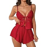 Kolagri Womens Sexy Front Tie Pajamas Lingerie Set High Waist Sleepwear Lace Ruffle V Neck Cami Shorts Nightwear
