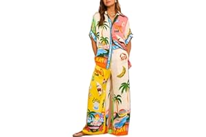 Perbai Womens 2 Piece Linen Sets Short Sleeve Button Down Shirt Wide Leg Pants Lounge Sets Boho Print Summer Matching Sets