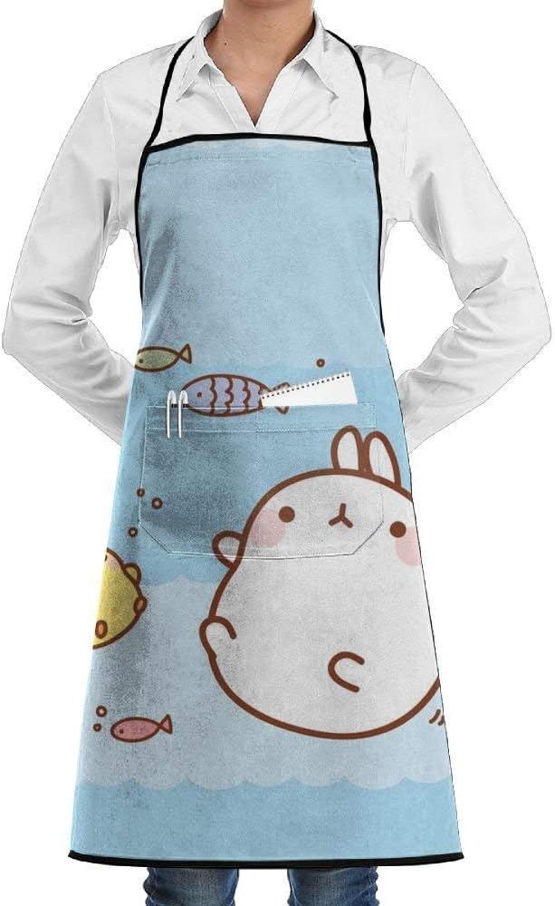QIAOJIE Apron Kawaii Bunny Fish Faction Unisex Kitchen Cooking Garden Apron,Convenient Adjustable Sewing Pocket Waterproof Chef Aprons